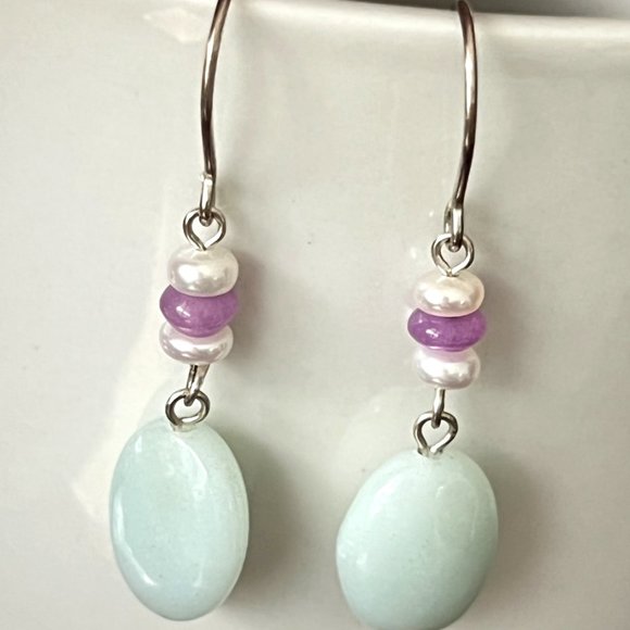 Artisan 925 Sterling Silver Semi Precious Stone Hook Earrings, Amazonite, Jade - Picture 4 of 4